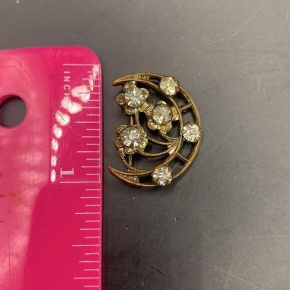 Vintage Rhinestone Moon Pin Brooch - Picture 4 of 4
